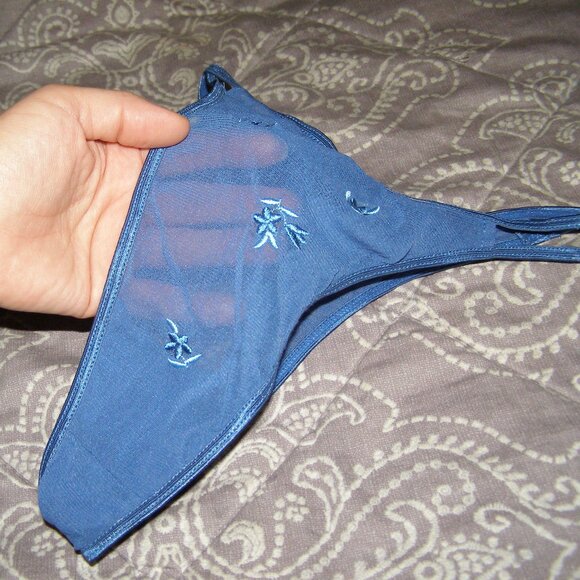 NWOT size Small Stretchy Sheer Thong Cute Blue Floral Embroidery - Picture 2 of 8
